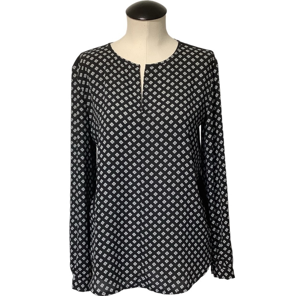 ANN TAYLOR FACTORY Black & White Geometric Print Long Sleeve Blouse Top Size S